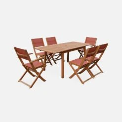 Table De Jardin Extensible Bois , 6 Chaises Couleur : Bois / Terra Cotta -ME Soldes EC180R6TC 01