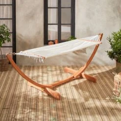 Hamac Sur Pieds En Bois, Toile En Coton Couleur : Blanc -ME Soldes ECHAMMOCKNAT 07
