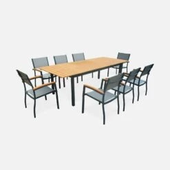 Table De Jardin Extensible Bois Et Aluminium, 8 Chaises Couleur : Anthracite / Gris Taupe -ME Soldes ECXTS250R8AT 01
