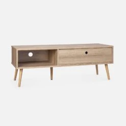 Meuble TV Scandinave Effet Bois 2 Espaces De Rangement 120 Cm -ME Soldes ISNTVS120NAT 01