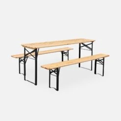 Table Bois + 2 Bancs Pliable, 6 Places -ME Soldes RECWD180SET 01
