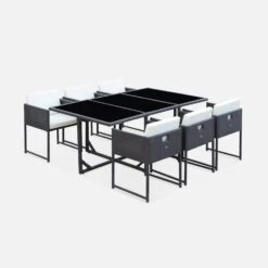 Table De Jardin Encastrable Résine Tressée, 6 Chaises Couleur : Marron -ME Soldes WK6CUBEBN 01