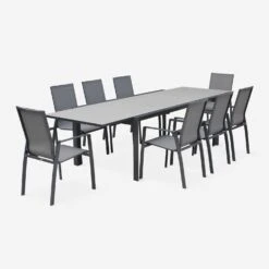 Table De Jardin Extensible Aluminium, 8 Chaises Couleur : Gris Foncé / Gris Taupe -ME Soldes XT300R8SANDCO 01