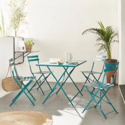Table De Jardin Bistrot Pliable Métal, 4 Chaises Couleur : Bleu Canard