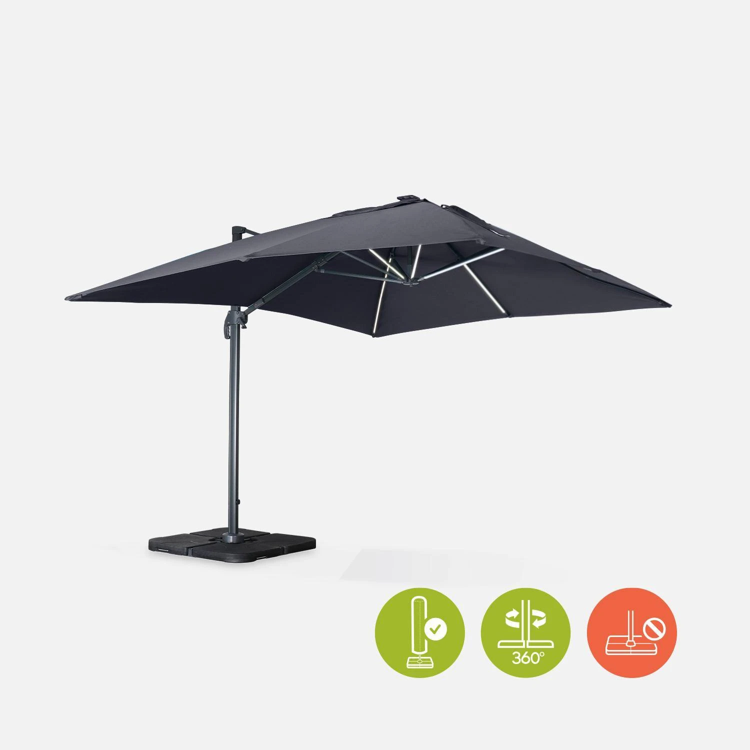 Parasol LED Déporté Rectangulaire 3x4m Couleur : Gris 4 Parasol LED Déporté Rectangulaire 3x4m Couleur : Gris – Image 2