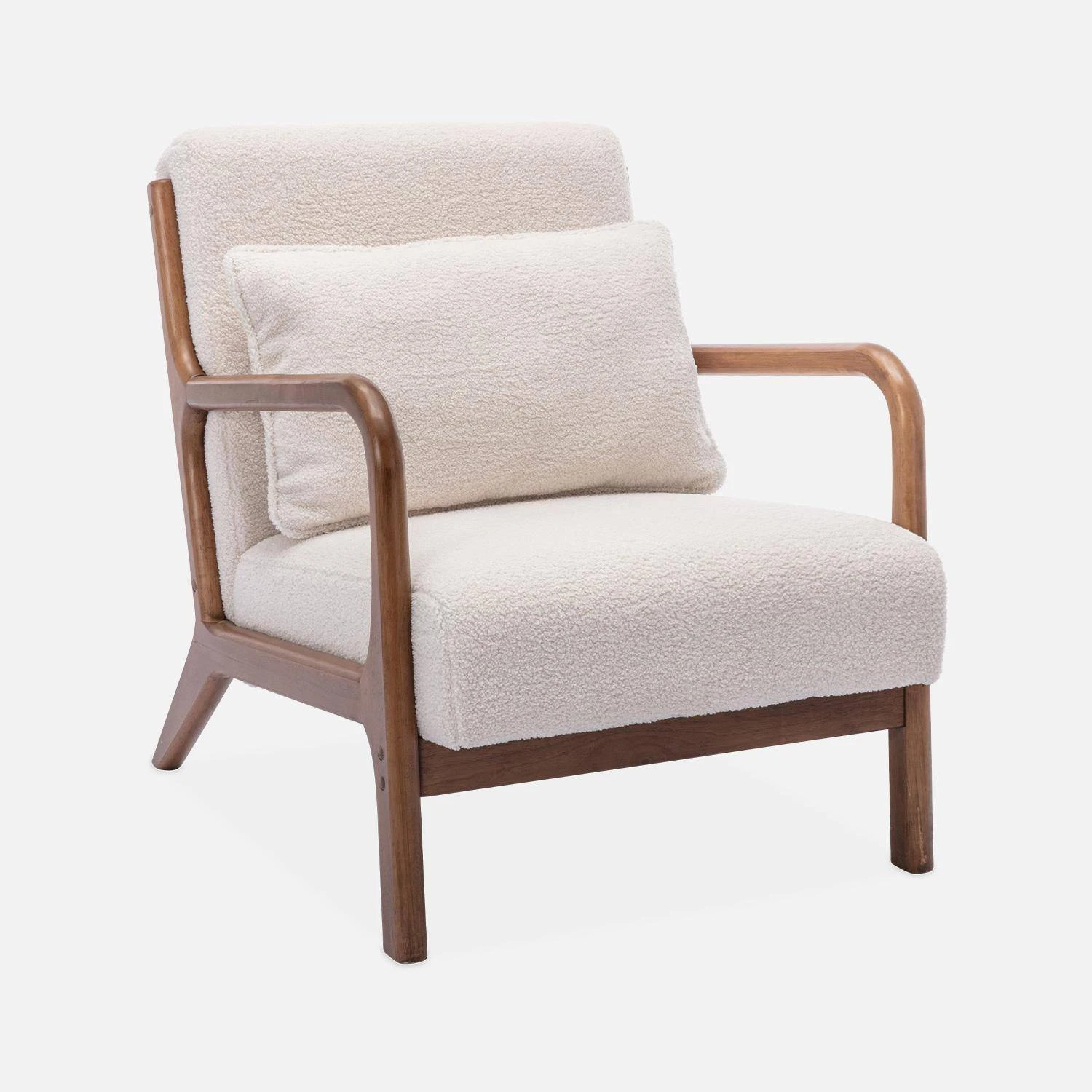 Fauteuil Scandinave Bouclettes Et Bois D'hévéa Teinté Noyer Clair 5 Fauteuil Scandinave Bouclettes Et Bois D'hévéa Teinté Noyer Clair – Image 3