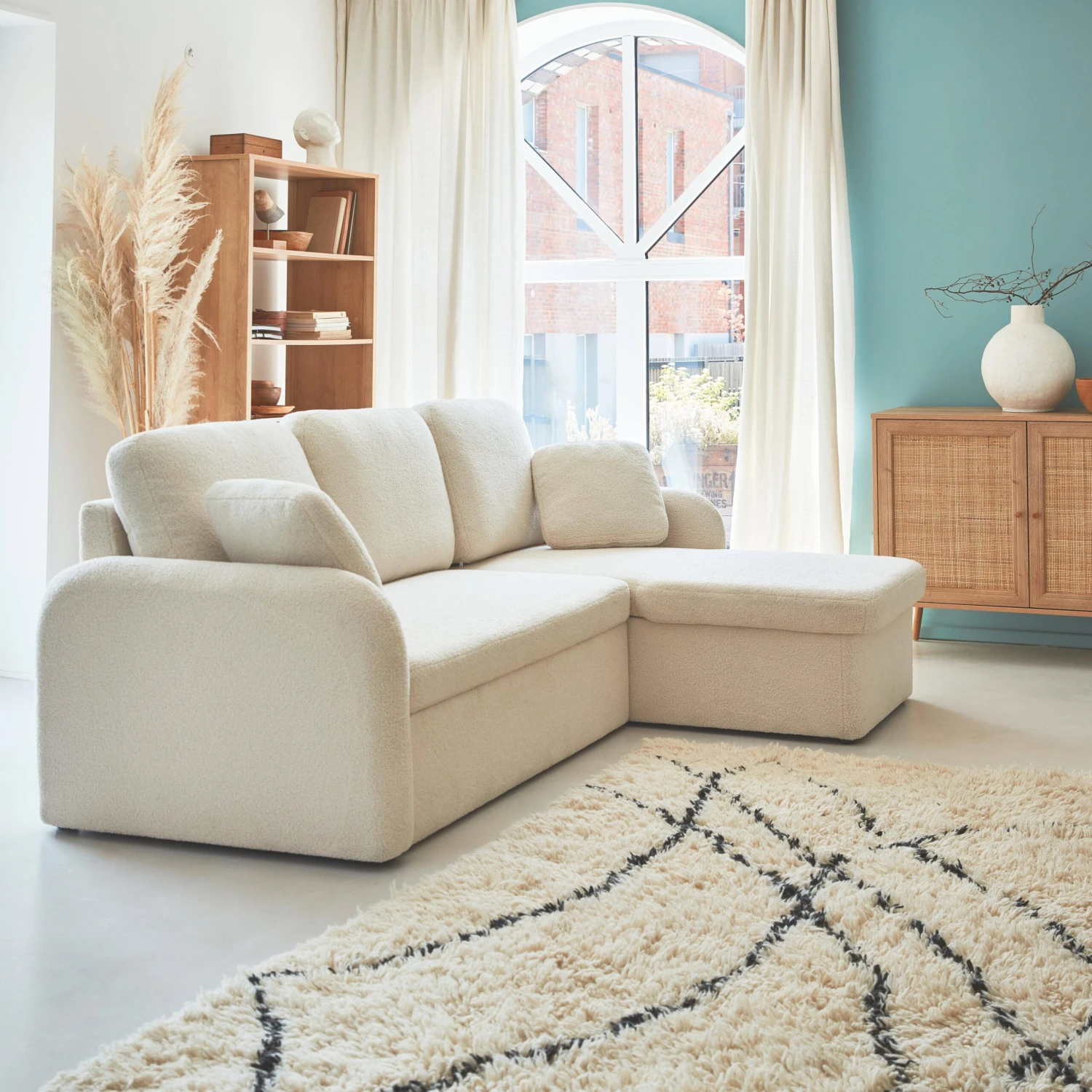 Canapé Convertible 3 Places Bouclettes Blanches, Lignes Arrondies 3 Canapé Convertible 3 Places Bouclettes Blanches, Lignes Arrondies