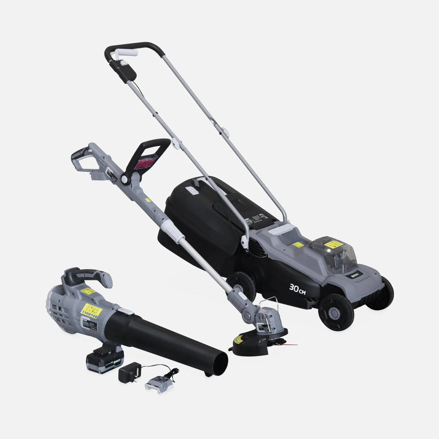 Tondeuse à Gazon 20V, 30cm + Débroussailleuse 20V + Souffleur De Feuilles 20V 3 Tondeuse à Gazon 20V, 30cm + Débroussailleuse 20V + Souffleur De Feuilles 20V