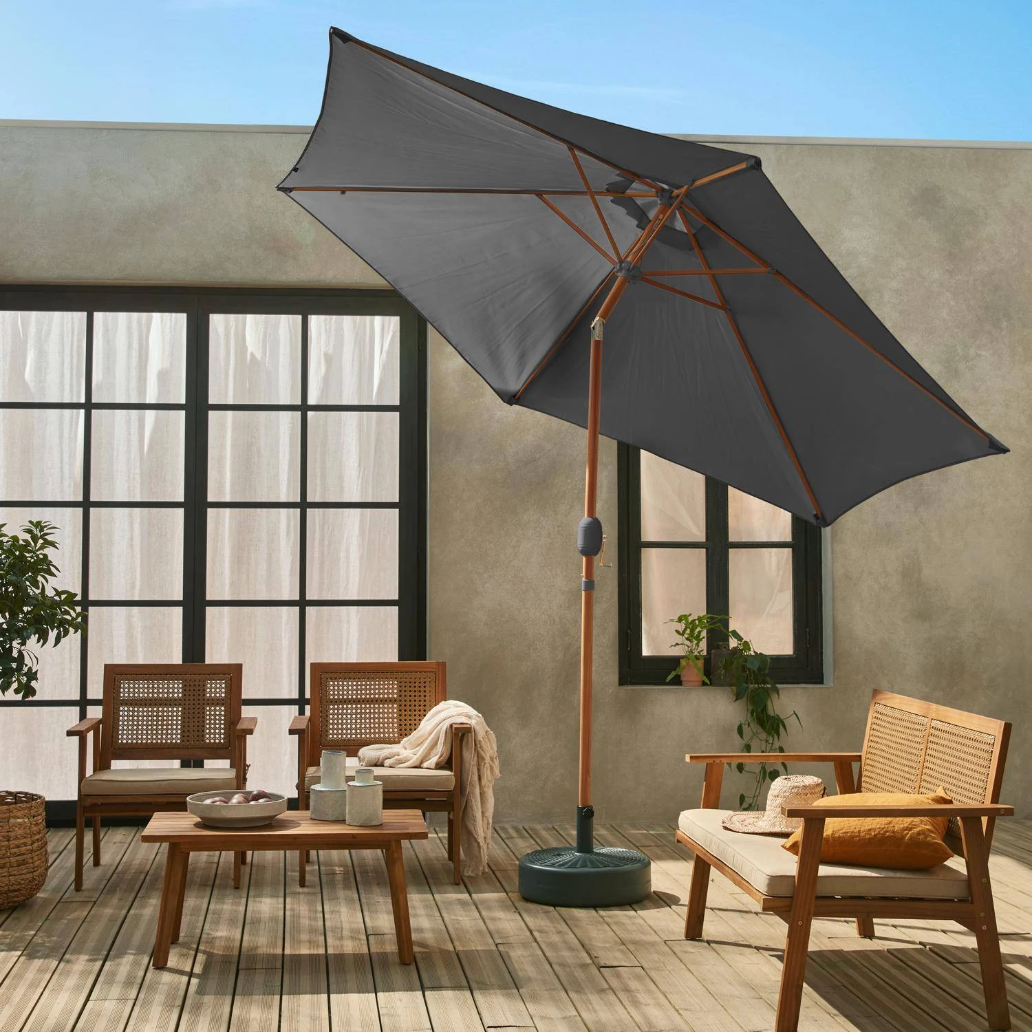 Parasol Rond 3m, Mât Effet Bois Couleur : Gris 4 Parasol Rond 3m, Mât Effet Bois Couleur : Gris – Image 2